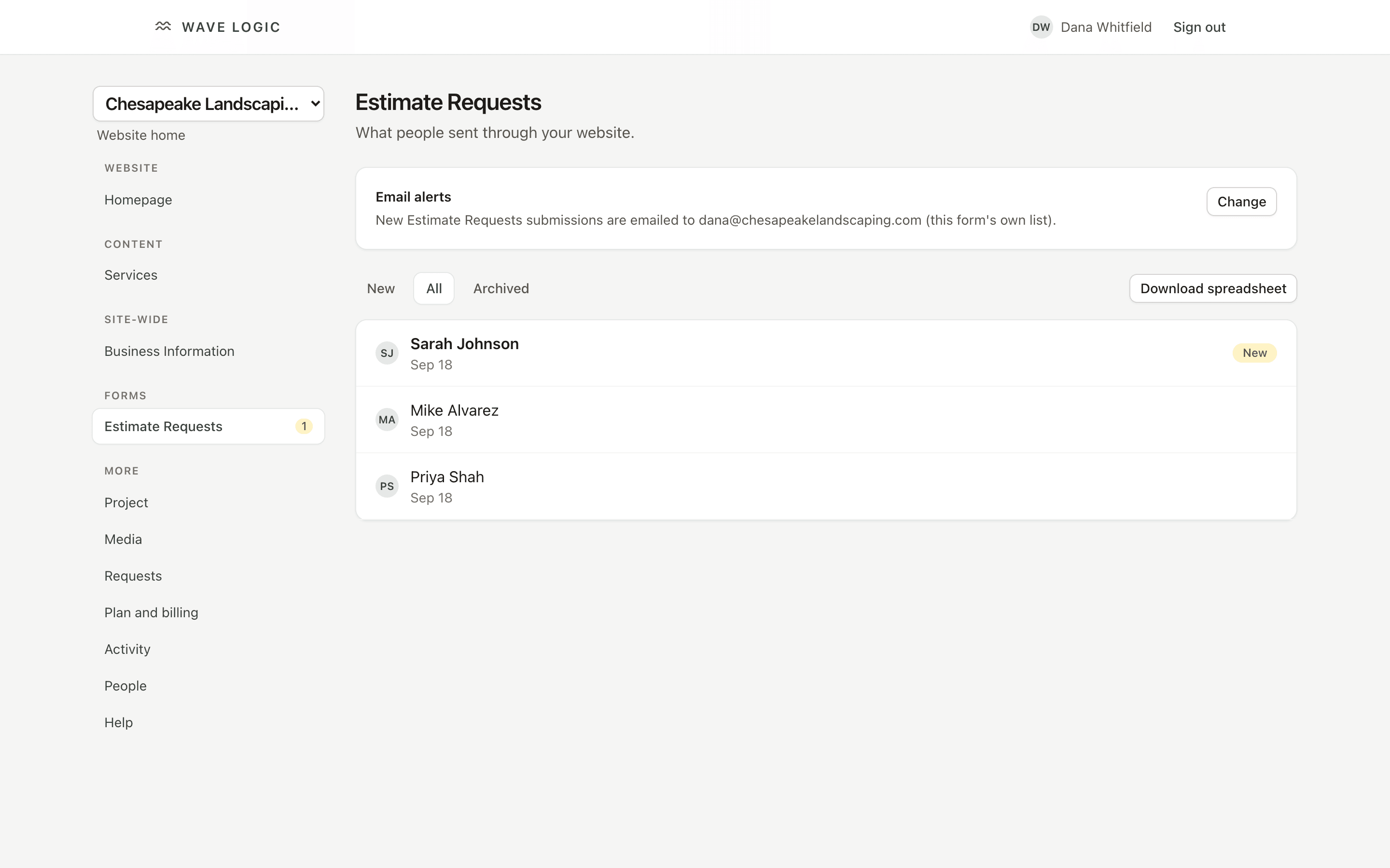 A form inbox in the Wave Logic CMS listing estimate requests, with notes and a spreadsheet download