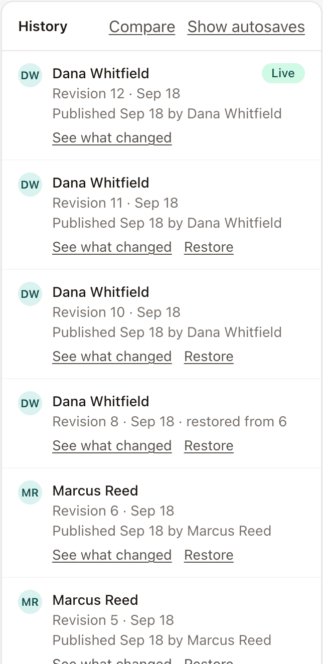 Revision history in the Wave Logic CMS showing who saved and published each version, with restore buttons