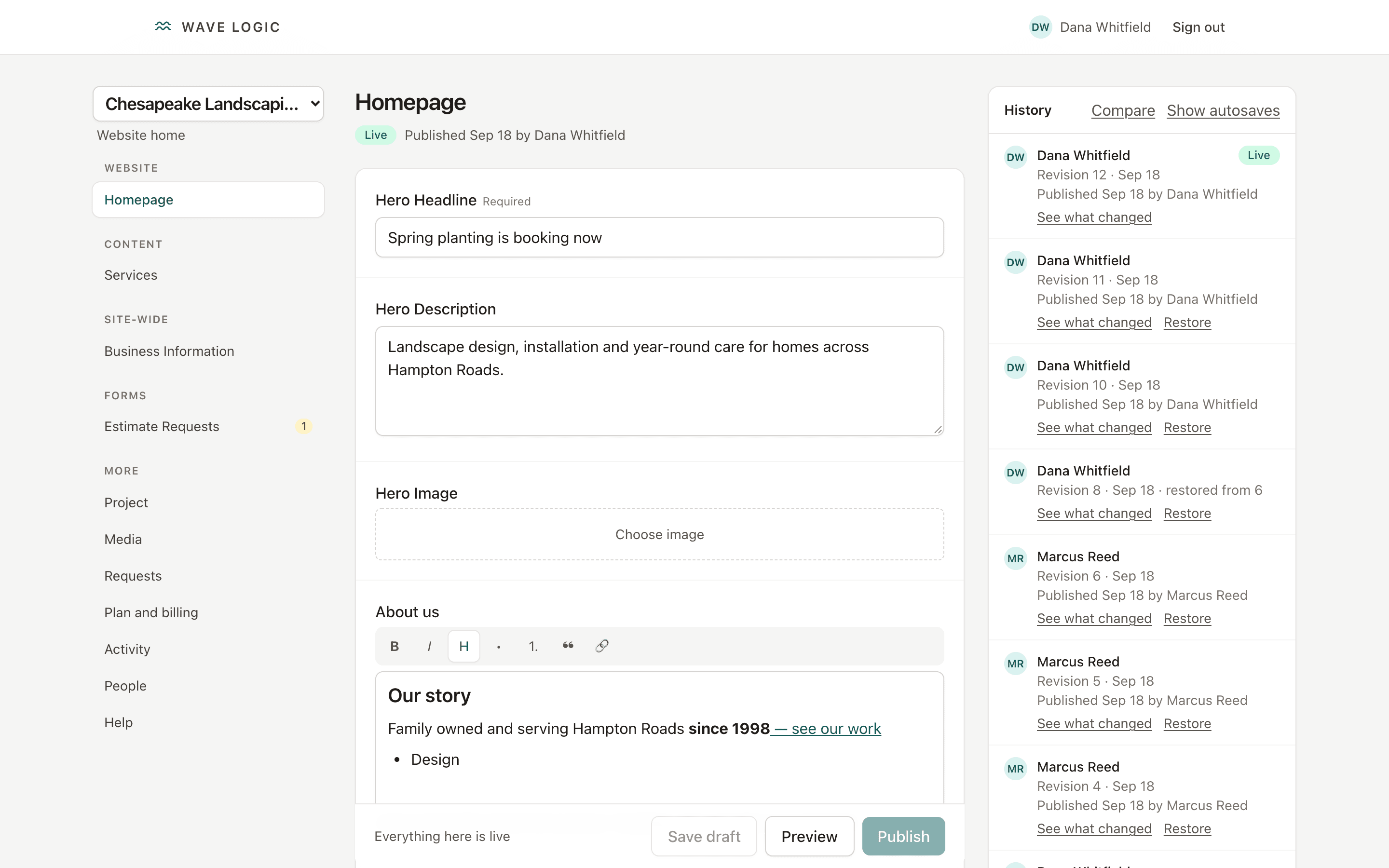 Editing a homepage in the Wave Logic CMS, with plain-language fields like Hero Headline and a save, preview, and publish bar
