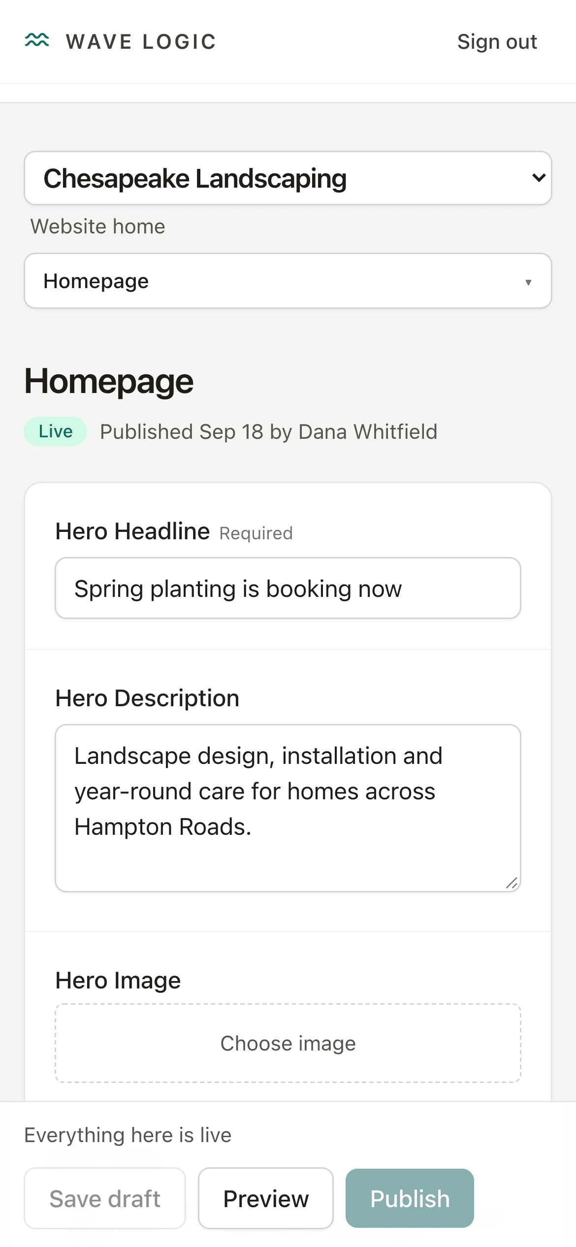 The Wave Logic CMS on a phone, editing a page with the publish bar pinned to the bottom