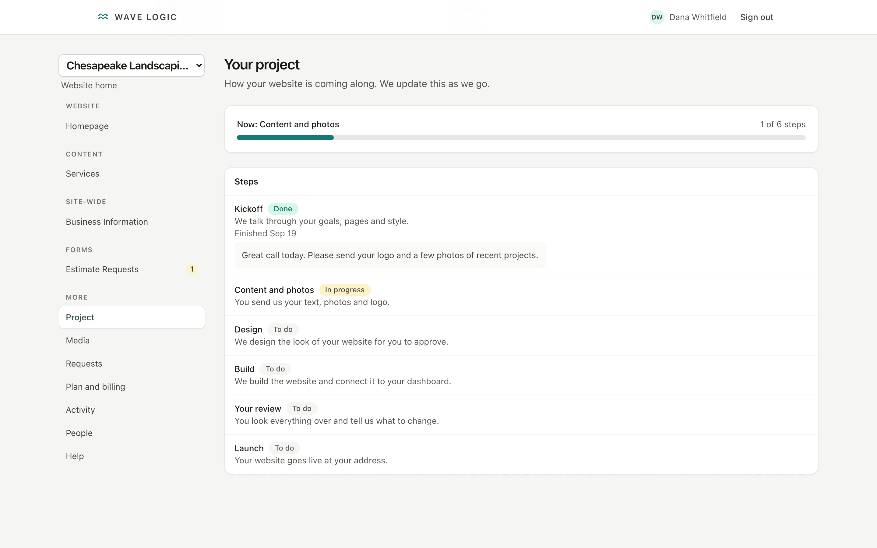 The project tracker in the Wave Logic CMS showing a website moving through kickoff, content, design, build, review, and launch
