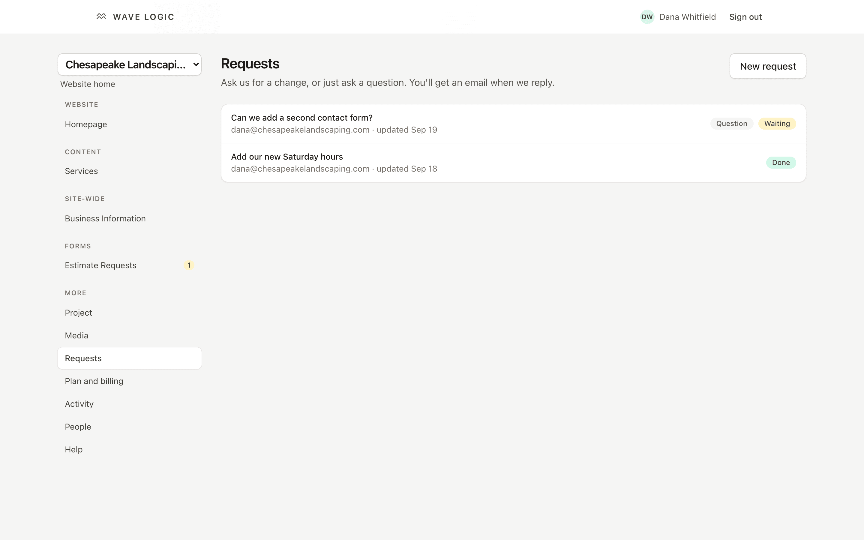 The Requests screen in the Wave Logic CMS, where a client asks for a change and follows the conversation